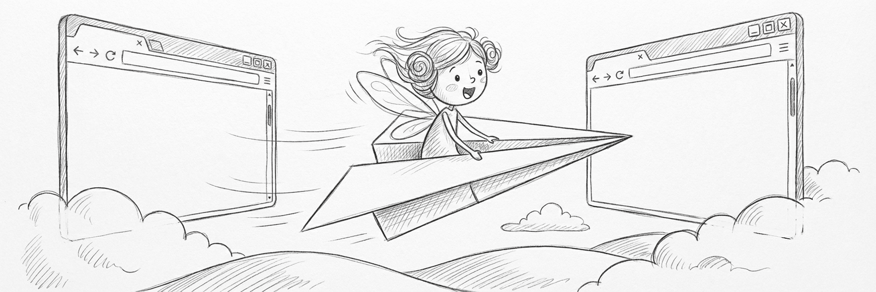 BrowserFairy riding a paper airplane between browser windows
