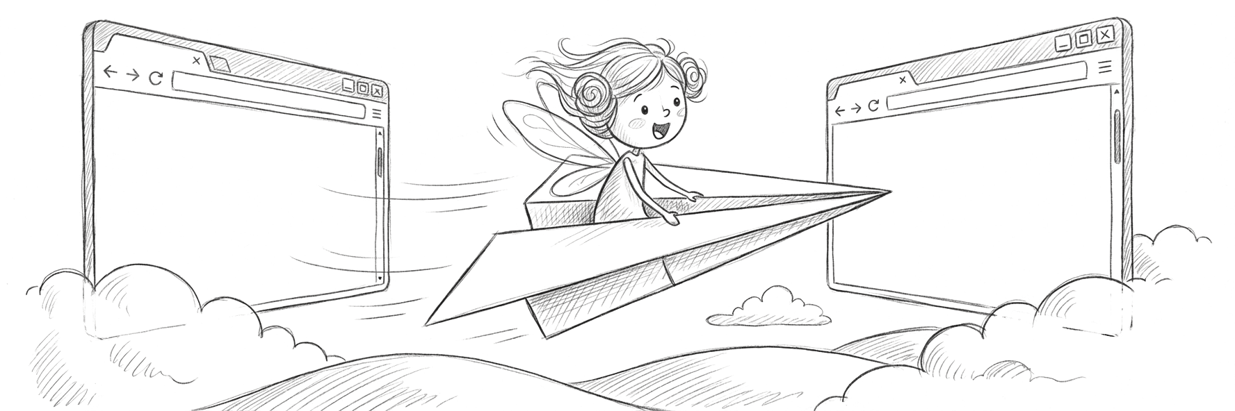 BrowserFairy riding a paper airplane between browser windows